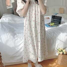 批发夏季韩系甜美樱桃简约舒适花边睡衣女休闲宽松短袖睡裙家居服