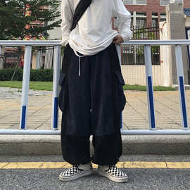 港风裤子男新款韩版ins日系工装直筒阔腿裤宽松高腰束脚休闲裤潮