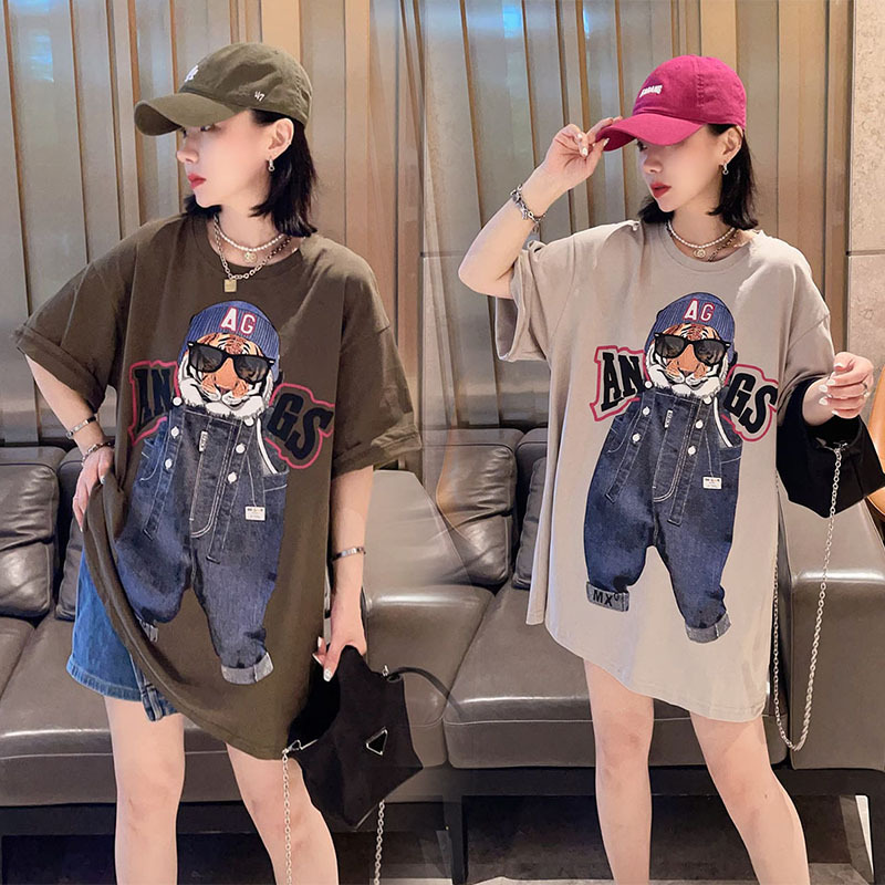 Clearance Sale Street Vendor Clothing 150kg Extra Large Size Denim Tiger Print Front and Back Short-Sleeve T-Shirt Women's Top