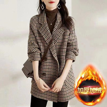 秋冬款韩版千鸟格毛呢外套女2022新款淑女慵懒风宽松显瘦休闲大
