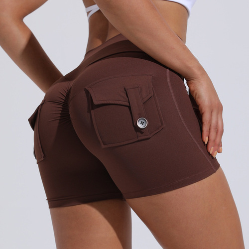 Fitness shorts, sports yoga pants, women's summer naked peach hip pockets, high waist hip lift, quick-drying yoga wear peach pants