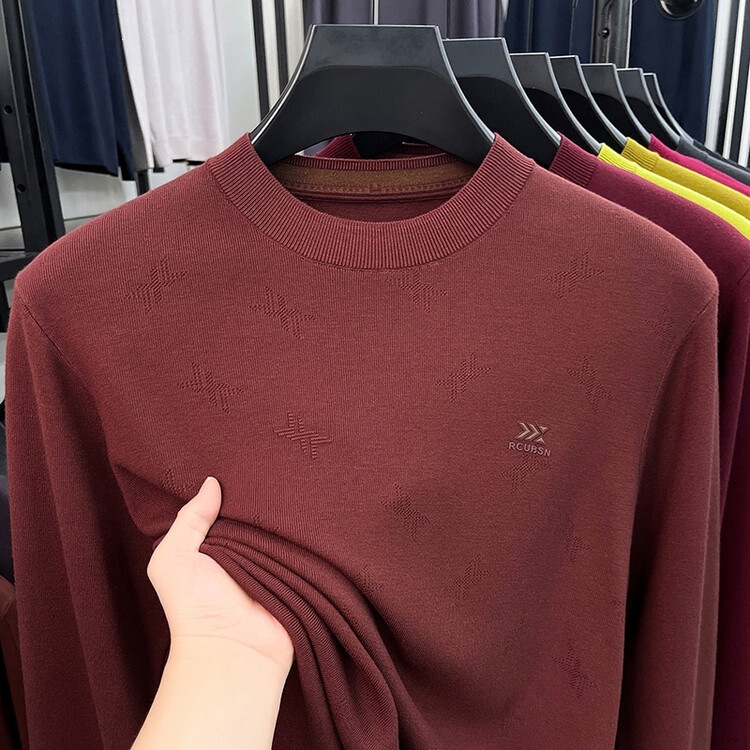Luxury fine-spun wool long-sleeve knit sweater for men, autumn and winter round-neck jacquard men's base layer wool sweater