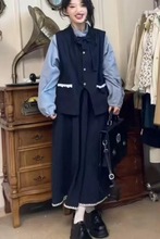 日系软妹森系简约马甲女学生秋复古半身裙休闲衬衫套装