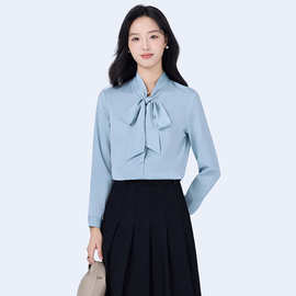蓝色新款蝴蝶结职业女装长袖衬衫气质女设计感小众衬衣女士工作服