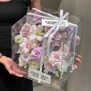 Square Acrylic Flower Box Transparent Flower Gift Packaging Box Eternal Flower Display Box Portable Valentine's Day Gift Box