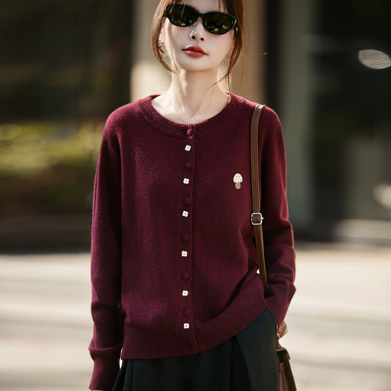 Mushroom Embroidered Short Wool Knitted Cardigan for Women Autumn and Winter New Round Neck Long-Sleeved Sweater Women's Sweater Jacket Top