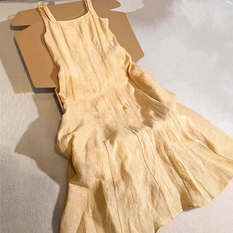 Highly Recommended! High-End Linen Suspender Dress for Women Spring and Summer Retro Yellow Mid-Length Skirt