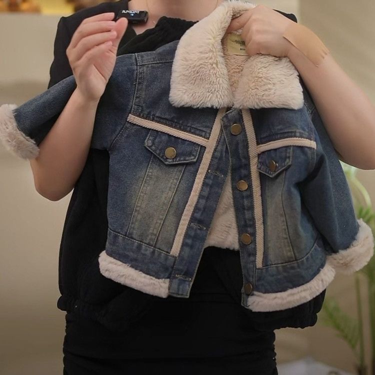 2026 winter new collection: Korean-style patchwork tops for boys and girls, trendy and versatile baby denim jackets with a stand-up collar