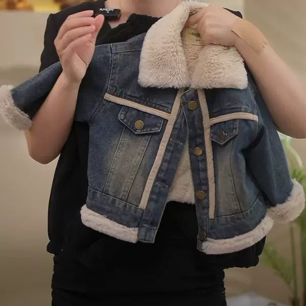 2026 winter new collection: Korean-style patchwork tops for boys and girls, trendy and versatile baby denim jackets with a stand-up collar