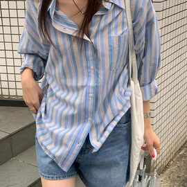 韩国女装东大门高货复古杂色条纹衬衣