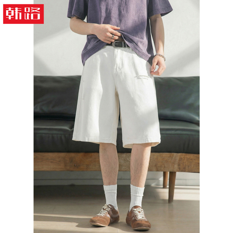Ripped Denim Shorts with Knife-Cut Holes, Summer Style, Vintage Washed Trendy Brand Mid-Length Straight Loose Casual Five-Point Pants