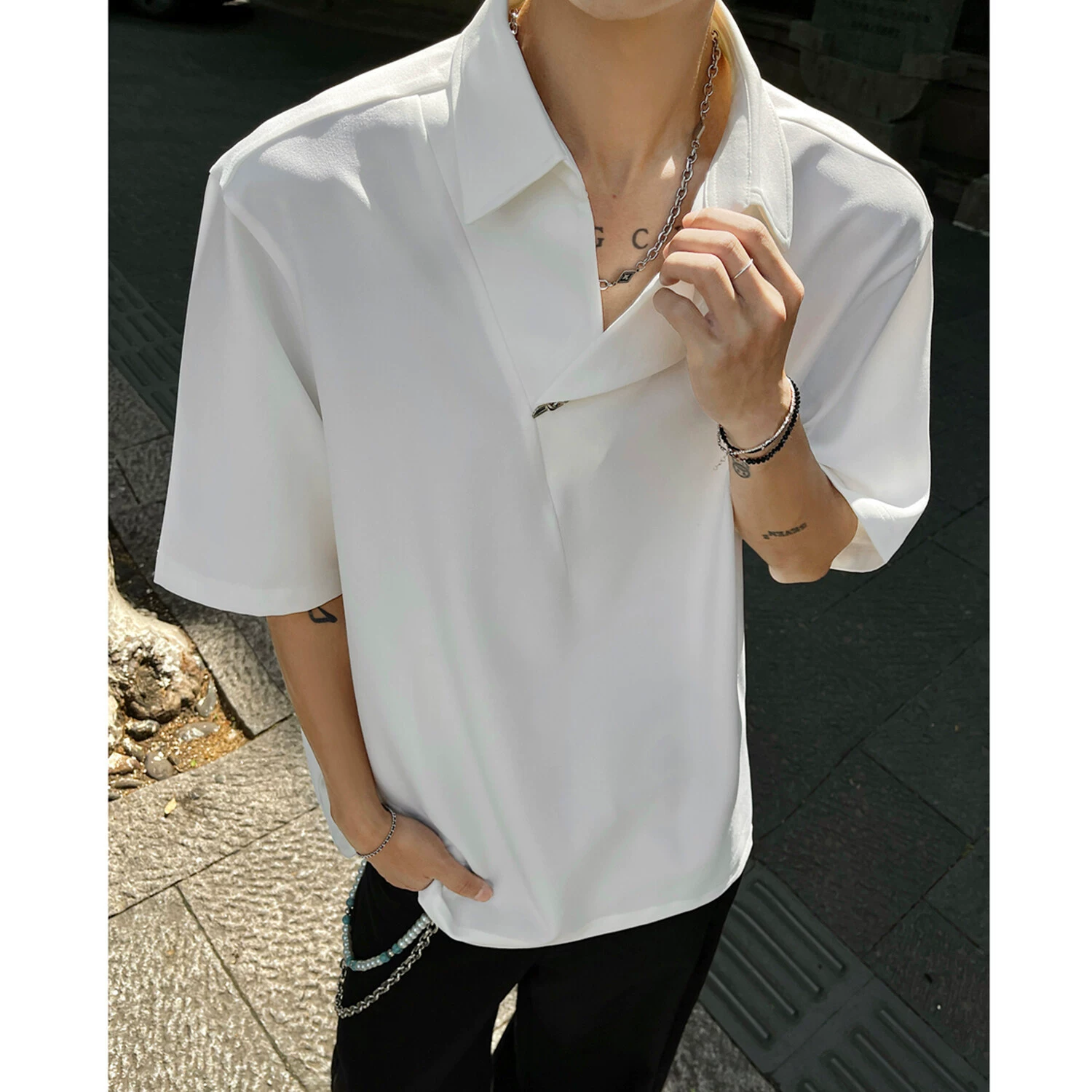 Мужская рубашка-поло из ледяного шелка в американском стиле old money с короткими рукавами, летняя крутая и красивая, легкий и зрелый стиль, свободный топ с половиной рукавов, модный