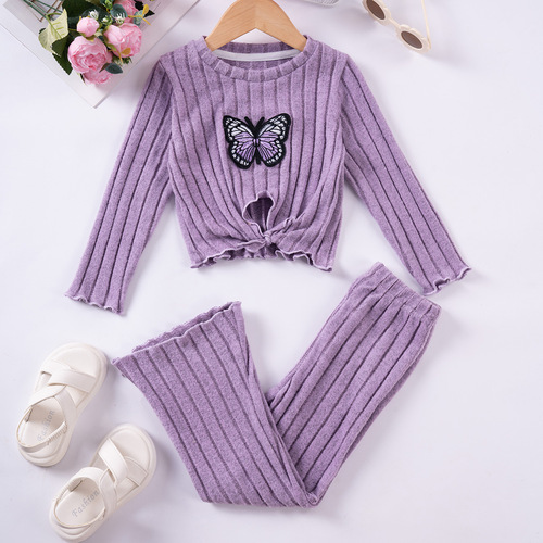 Autumn/Winter 2025 Girls' Casual Set: Round Neck Plush Lace Butterfly Long Sleeve + Trousers