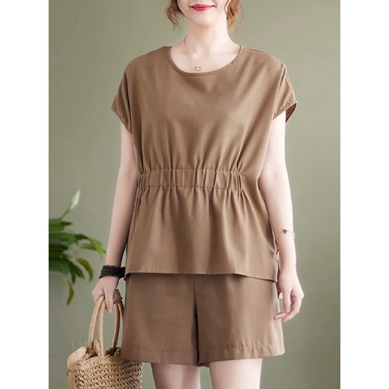 Plus-Size Women's Clothing, Cotton-Linen High-End Summer Shorts Two-Piece Set, Summer Outfit for Young and Middle-Aged Mothers