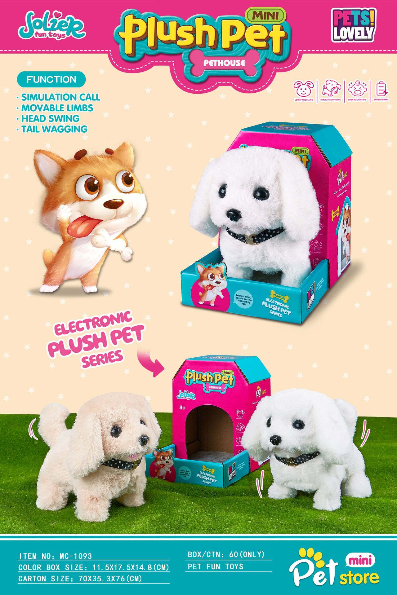 Puggy eléctrico de peluche / pequeño perro de pelo dorado + hueso