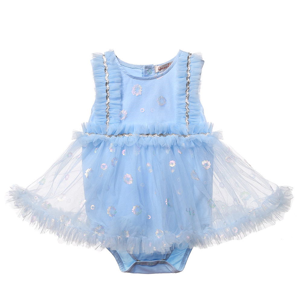 新款女婴连衣裙夏季针织婴儿短袖连体衣裙幻彩网纱裙公主裙女童夏