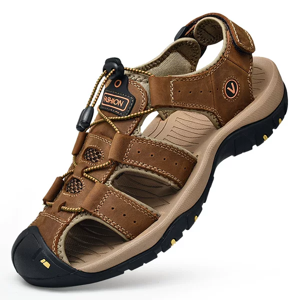 Leather Sandals for Men, High-End Genuine Cowhide, Summer Outdoor Men's Closed-Toe Casual Beach Shoes, Genuine Leather Men's Outdoor Sandals