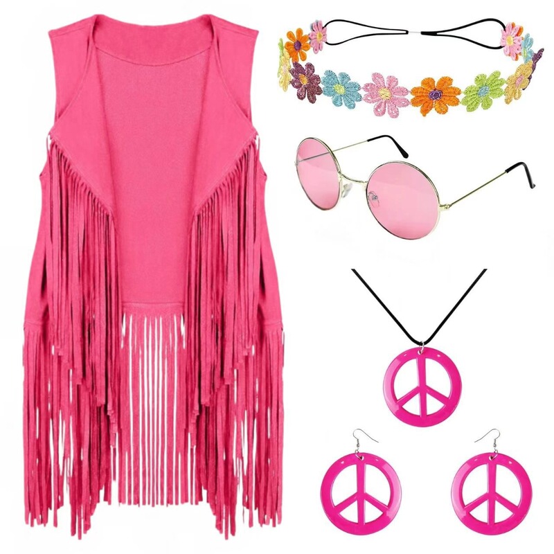 European and American 70S Women's Hippie Party Costume Six-Piece Set Halloween Suede Fringe Vest Set for Women