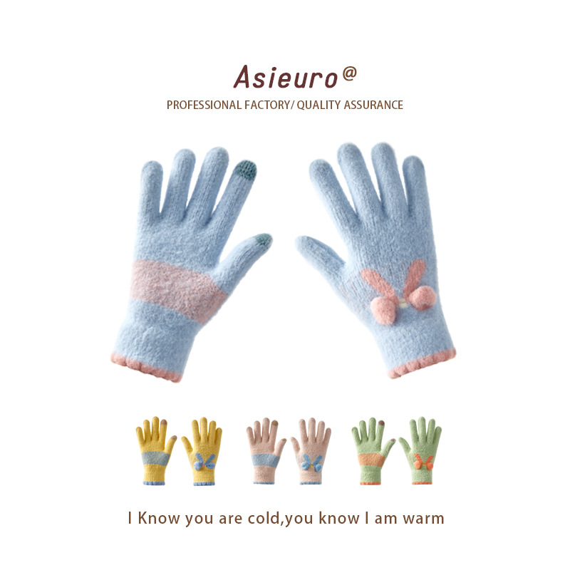 可愛少女蝴蝶結分指手套冬季ins加絨保暖騎行可觸屏針織防寒批發