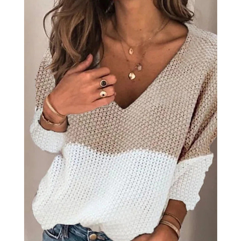 Women's autumn and winter new plus size women's sweater color contrast block V-neck sweater top_voghion.com