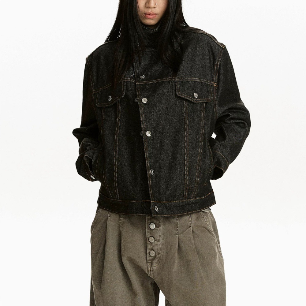 American trendy brand raw denim black stand-up collar denim jacket, new style for men and women, high-end feel, slanted placket, stiff and short jacket.