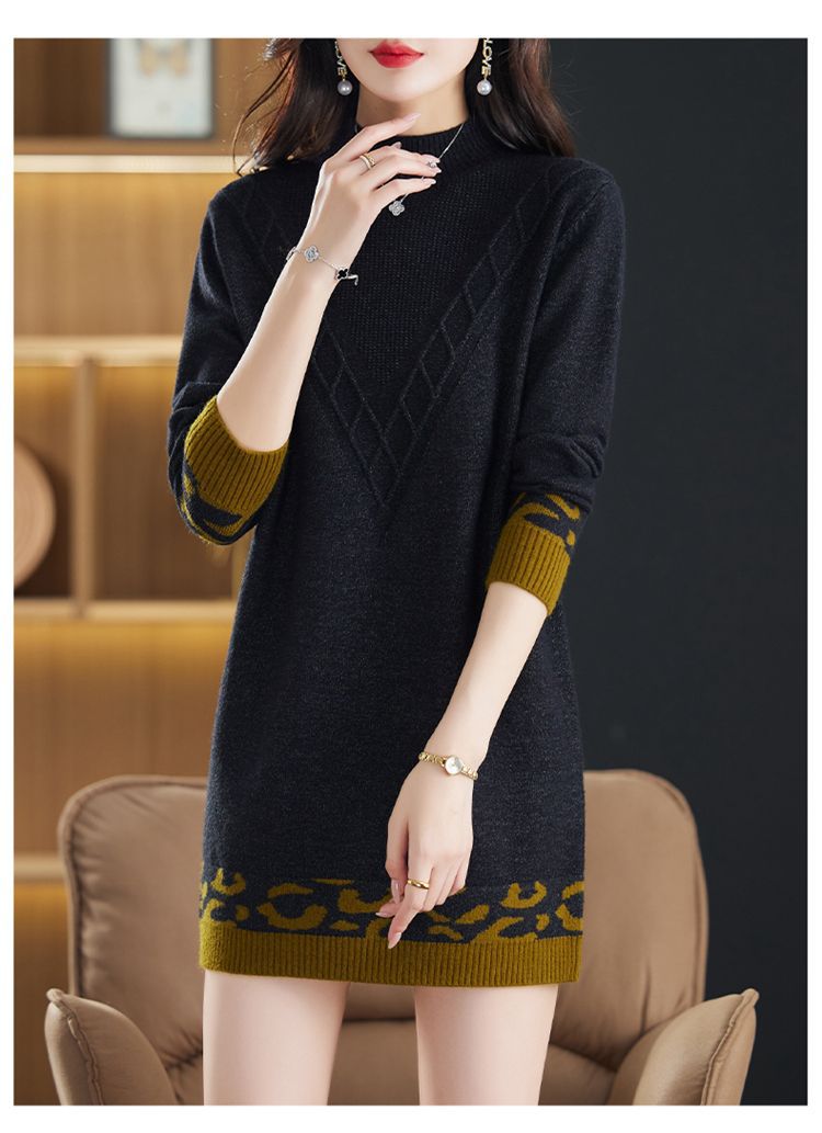 [Cashmere Family] Mittellanger bis langer Pullover aus Wollbasis für Mütter, Wollkleid, lockerer und dicker Jacquard-Strick für Damen_voghion.com