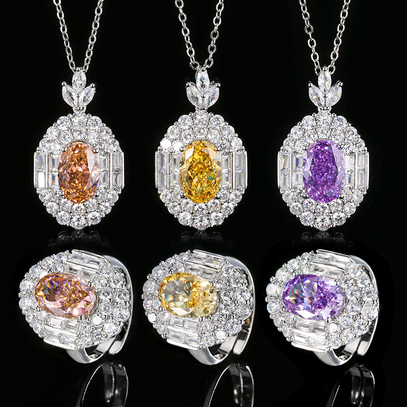 Otoño e invierno nuevo estilo Zhuangsheng conjunto de joyas con alto contenido de carbono diamante hielo flor de cobre cortado con incrustaciones de diamantes rosas profundas piedra principal 8*12