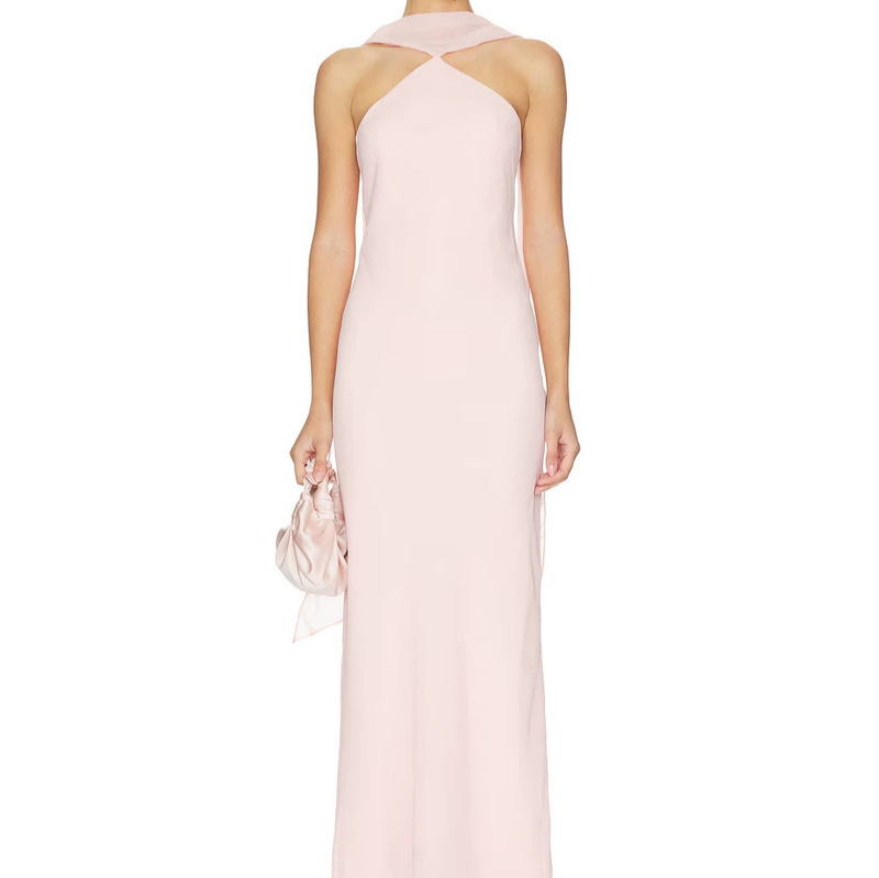 Sheer Chiffon Straight Dress with Halter Neck, Triangular Cutout at the Back, Flowing Ribbons, Gentle Long Floor-Length Bridesmaid Dress
