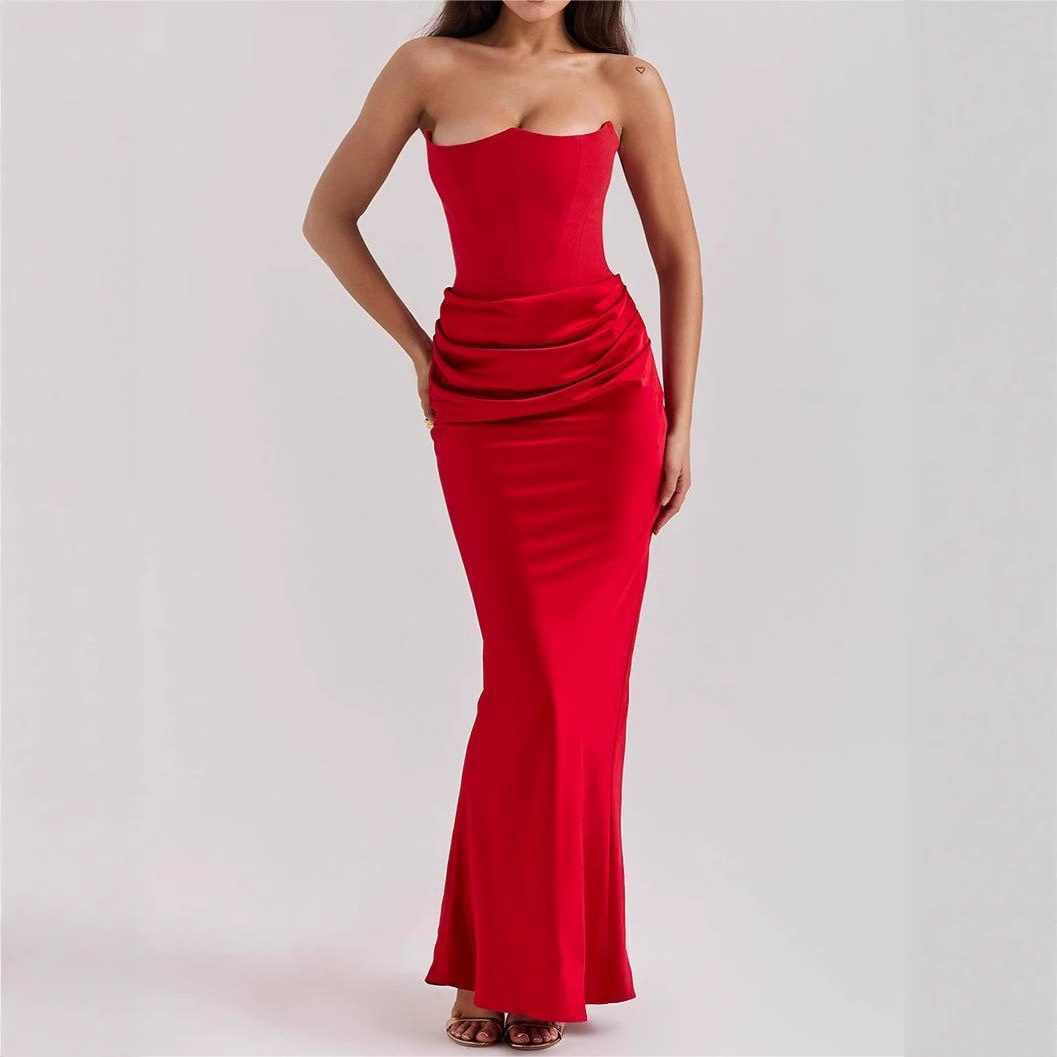 European and American Cross-Border Solid Color Sexy Strapless Waist-Cinching Ruched Elegant Temperament Bodycon Long Dress Gown Dress