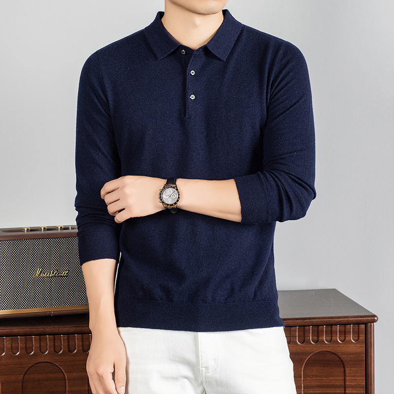 Men's 100% Sheep Wool Long Sleeve Polo Shirt, Autumn and Winter Warm Turn-down Collar Knit Sweater, Light Business Casual Men's 100% Sheep Wool Long Sleeve Polo Shirt, Autumn and Winter Warm Turn-down Collar Knit Sweater, Light Business Casual
