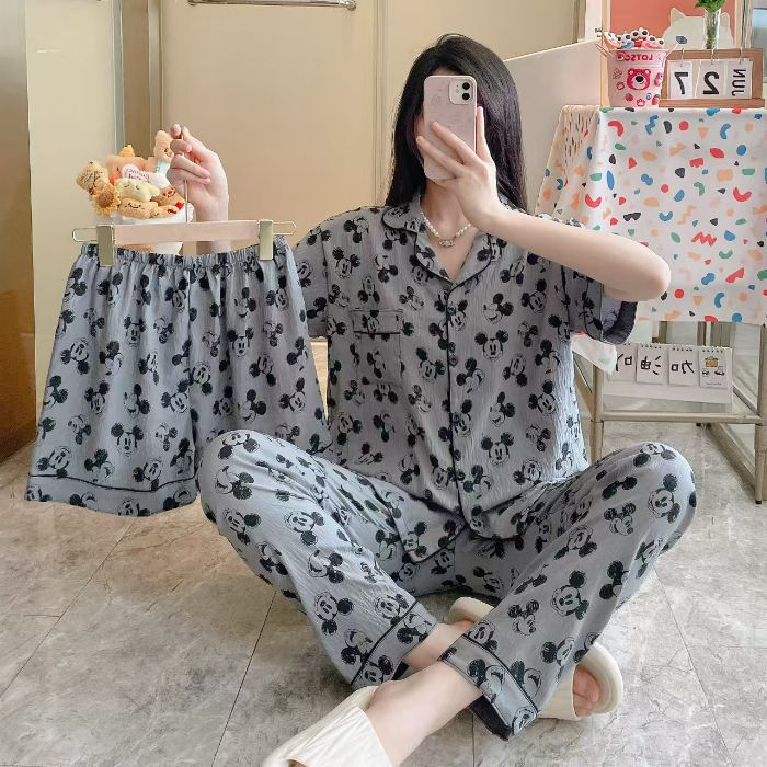 Venta al por mayor transfronteriza 120g pijamas de algodón de nube de verano de manga corta para mujer pantalones cortos de algodón de nube de verano de tres piezas servicio a domicilio de dibujos animados