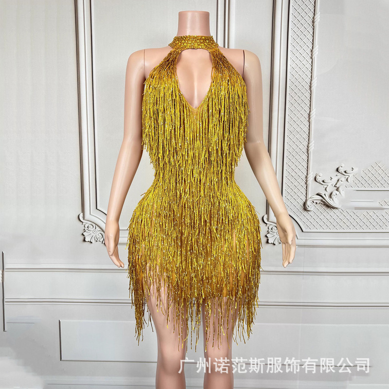 Factory Direct Sales Fine Glitter Tassel Rhinestone Hollow Halterneck Slim Hip Skirt Prom Party Cross-Dressing Party Evening Dress