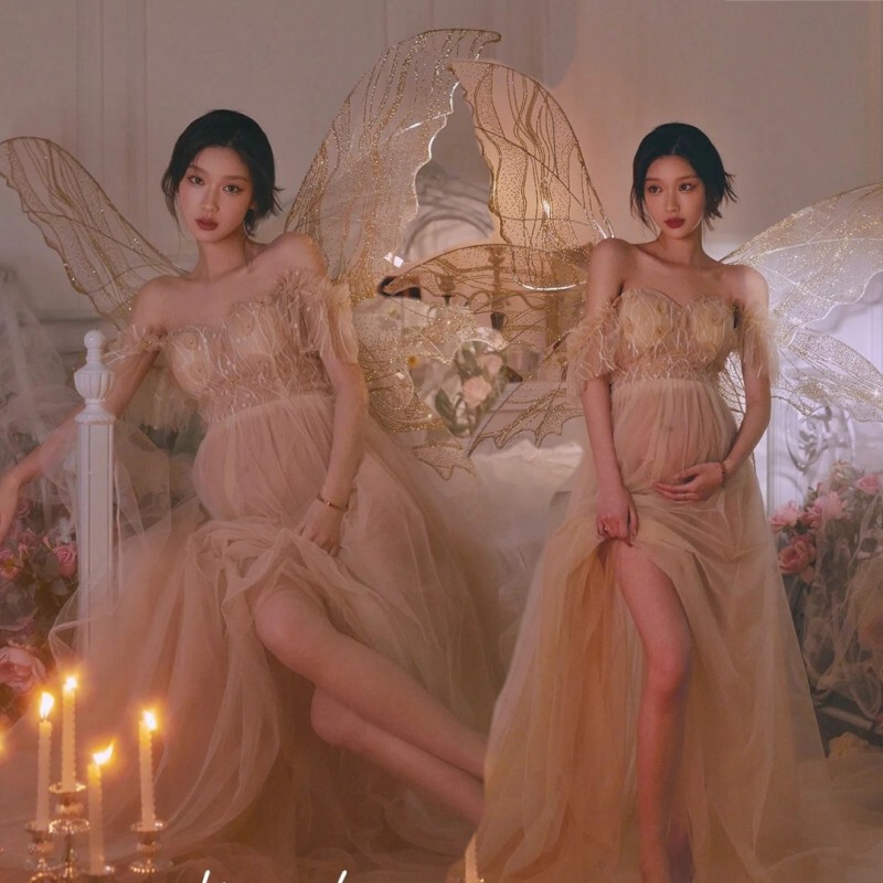 New pregnant women's photography clothing studio pregnant mommy sexy perspective Golden Art elf pregnant women's photo wedding dress