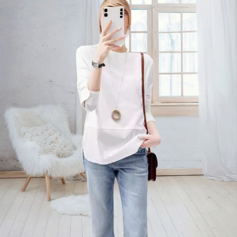 Stylish Patchwork Sweatshirt with Long Sleeves for Layering ~ Base Layer Shirt with Long Sleeve T-Shirt, Basic Practical Top for Women