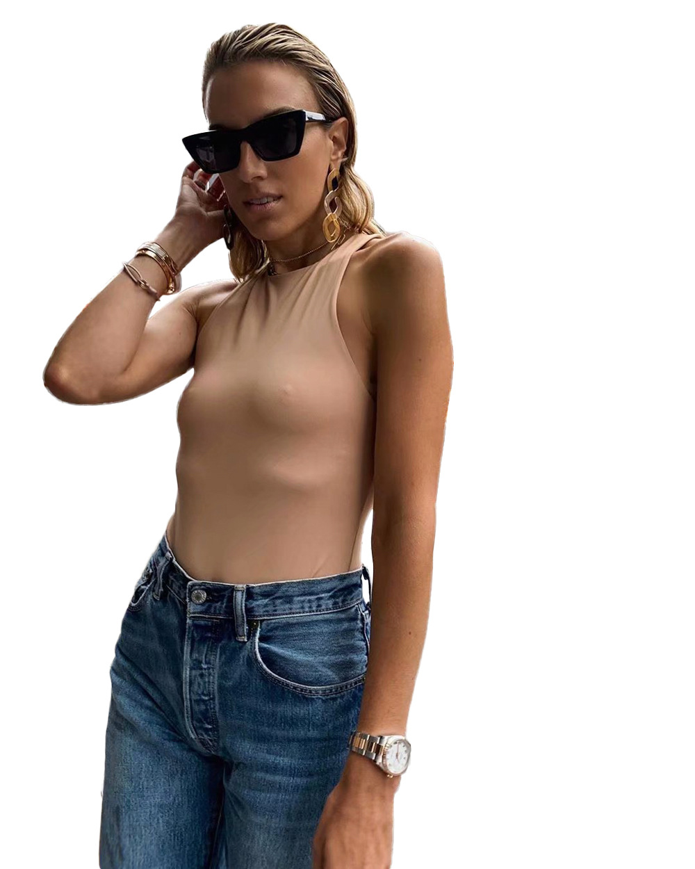 Body ajustado INS de Amazon 2026 para mujer, moda europea y americana, camiseta base de cuello redondo y hombros estrechos, superventas para exportación.