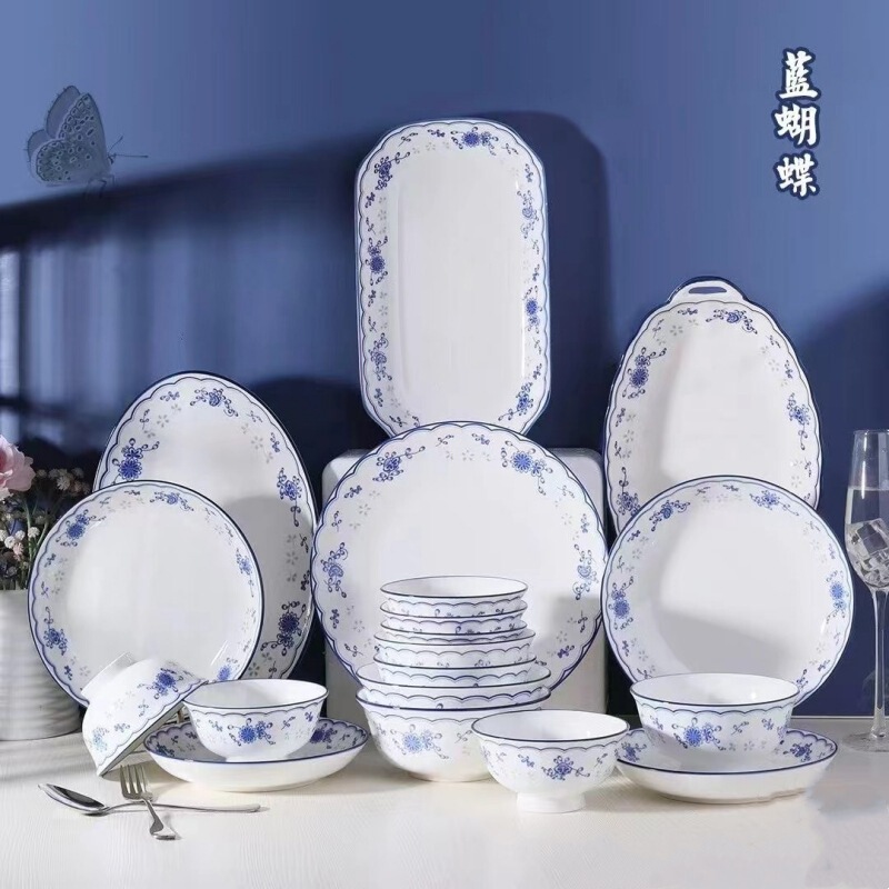 Hakka ballad new bone china ceramic tableware underglaze color blue butterfly ceramic bowl plate orchid flour bowl rice bowl dish