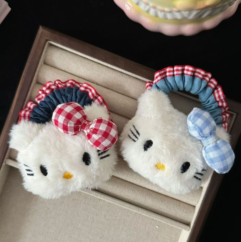 可爱蓝色格子猫咪牛仔发圈日系甜美高颜值少女风马尾发绳发饰批发|undefined
