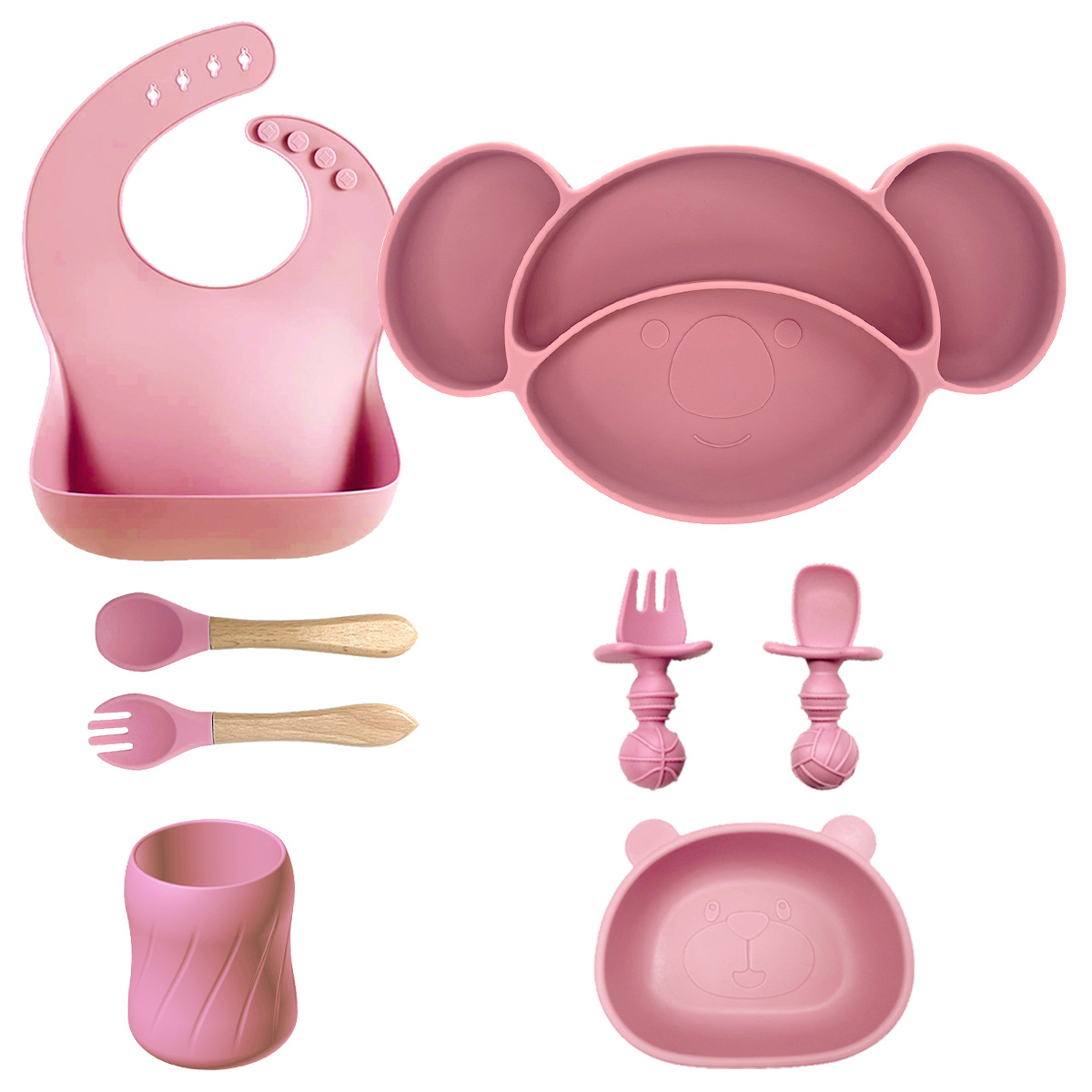 Nuevos productos transfronterizos para niños suplementarios de silicona platos de comedor cuchara de tenedor baudero ocho piezas conjuntos a prueba de caídas mangar suministros para madre y bebé