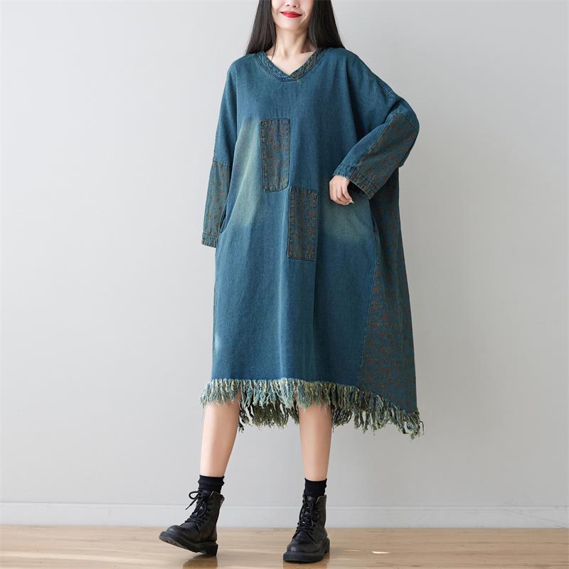 V neck Long Tassel Sweater Washed Dots Patch Long Sleeves Dress Slimming