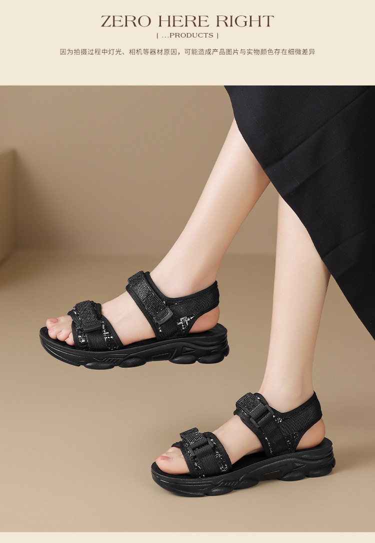 Sandal nữ đế dày quai dán đính đá phong cách thể thao — ES58 Màu be chi tiết 15