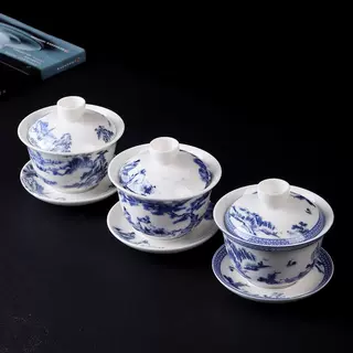 青花瓷三才盖碗创意杯盖不掉落茶杯大号泡茶碗不烫手白瓷茶具家用