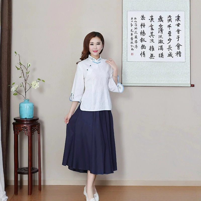 Весенне-летняя рубашка из хлопка и конопли в колледже, женская льняная рубашка с рукавами из семи точек в национальном стиле, льняное платье Tang Cheongsam