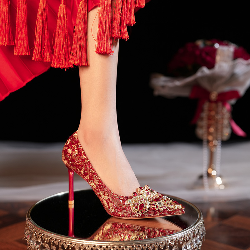 8777E-007 Pointed Toe Rhinestone Stiletto Satin Gold-Edged High-Heeled Wedding Shoes Bride Bridesmaid Shoes Red Festive 8777E-007 Pointed Toe Rhinestone Stiletto Satin Gold-Edged High-Heeled Wedding Shoes Bride Bridesmaid Shoes Red Festive