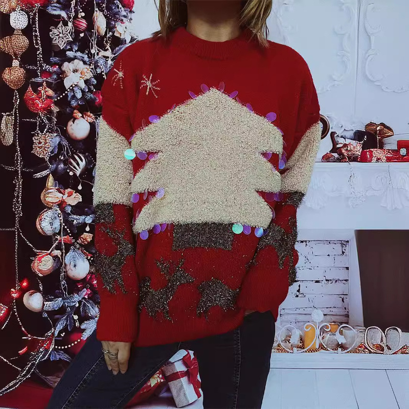 Cross-border Amazon Christmas Sweater Handmade Sequin Flocking Christmas Tree Fawn Thickened Pullover New Year Sweater for Women