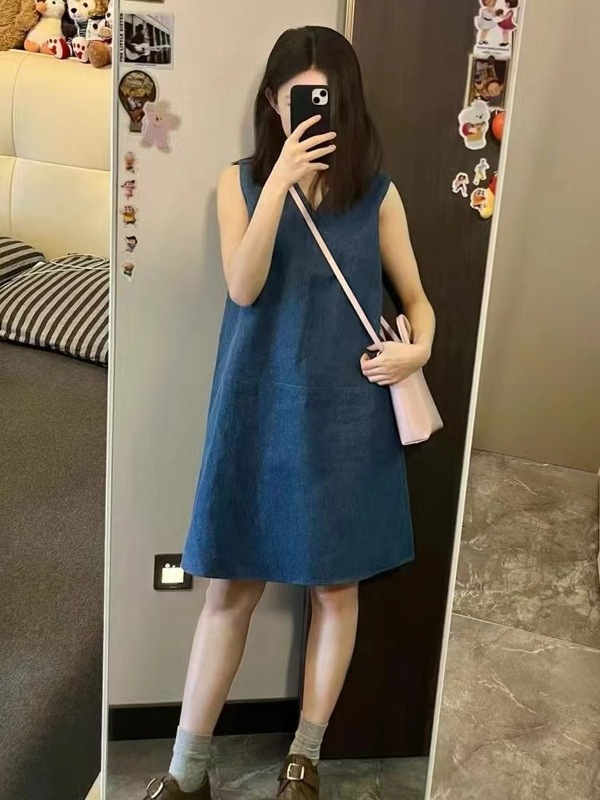 韓国系chic夏フランス式レトロ丸首ゆるいカジュアル純色ノースリーブチョッキデニムワンピーススカート女性|undefined