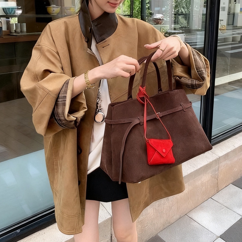 Barn Style Coffee Color Stand Collar Contrast Plaid Suede Split Design Jacket for Women Autumn