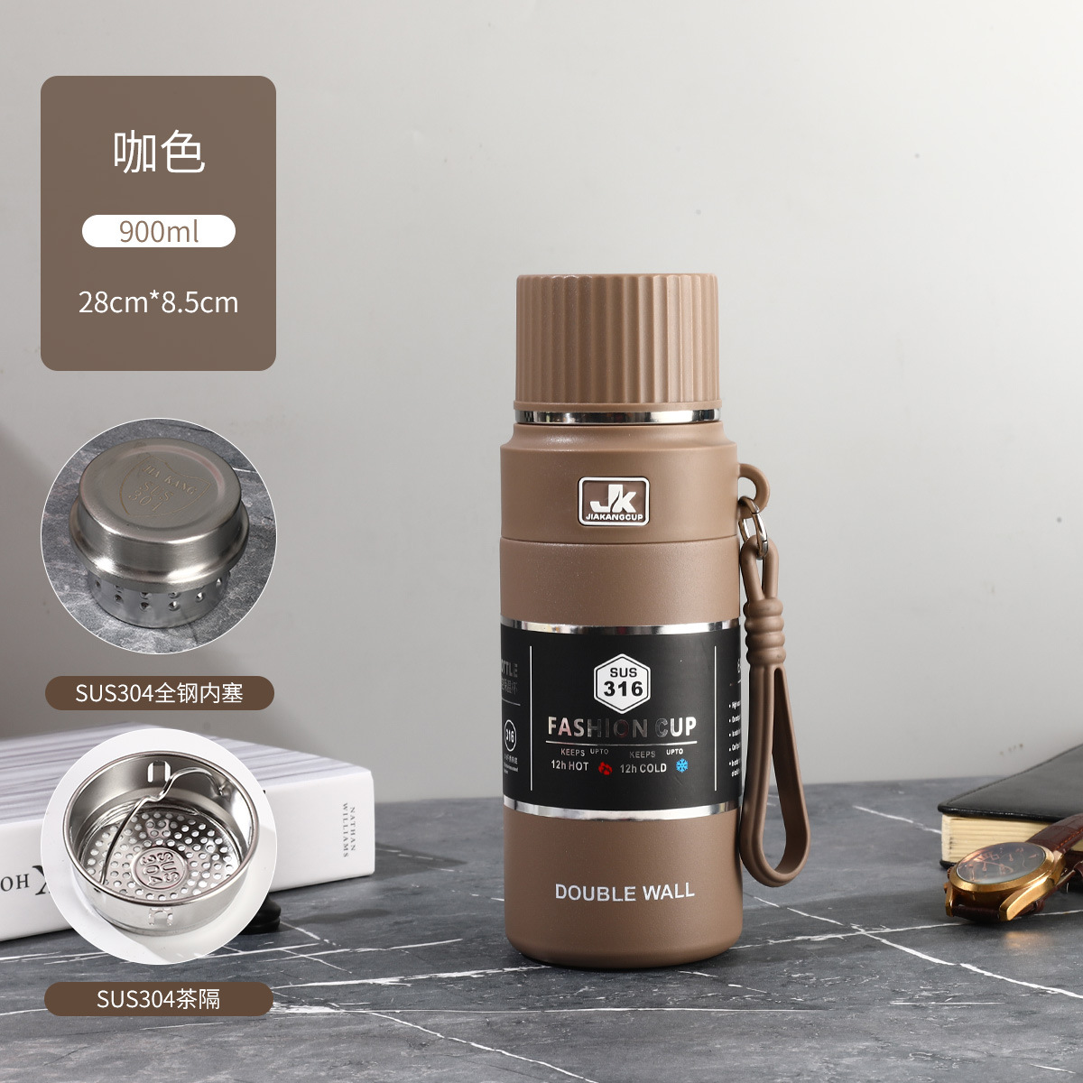 Taza de aislamiento térmico de acero inoxidable comercial con taza de agua al aire libre de gran capacidad para hacer té con tapa para beber hervidor de agua montado en automóviles