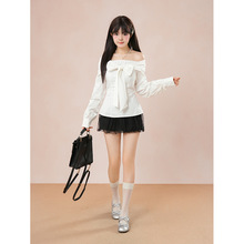 韩系一字肩蝴蝶结衬衫+蕾丝半裙套装小众气质千金感甜辣两件套女