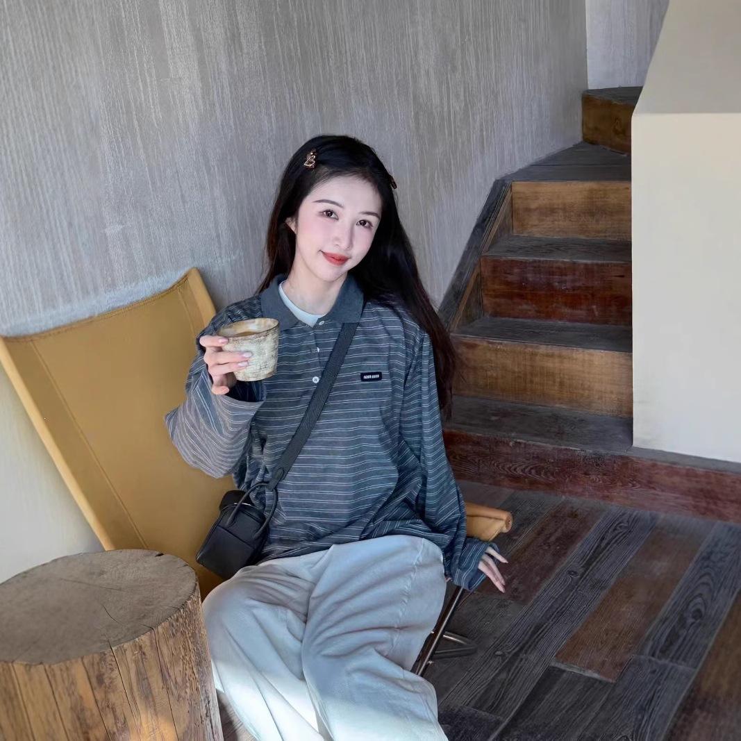 Jimo Celebrity Style Gray and White Striped Collared Polo Shirt Women's Long Sleeve Early Spring Couple Base Layer Shirt Collar