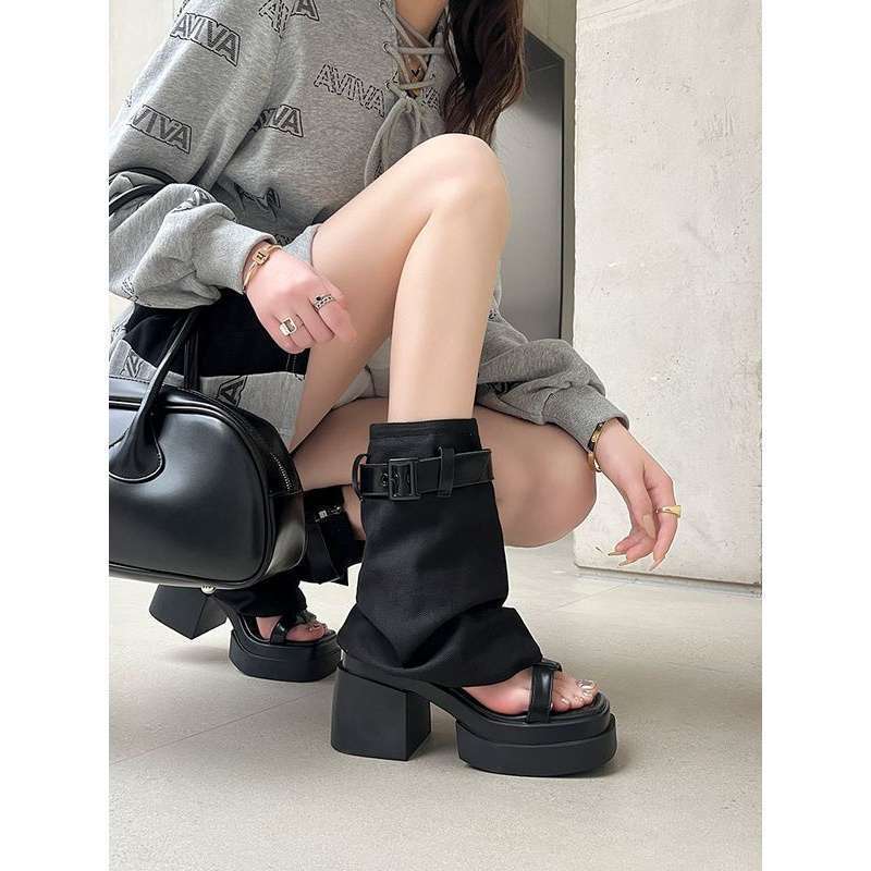 Two-Wear High Boots for Summer Outer Wear Open-Toe Thick Heel High-Heeled Sandals for Women 2025 New Niche Trouser Boots Thick-Soled Sandals